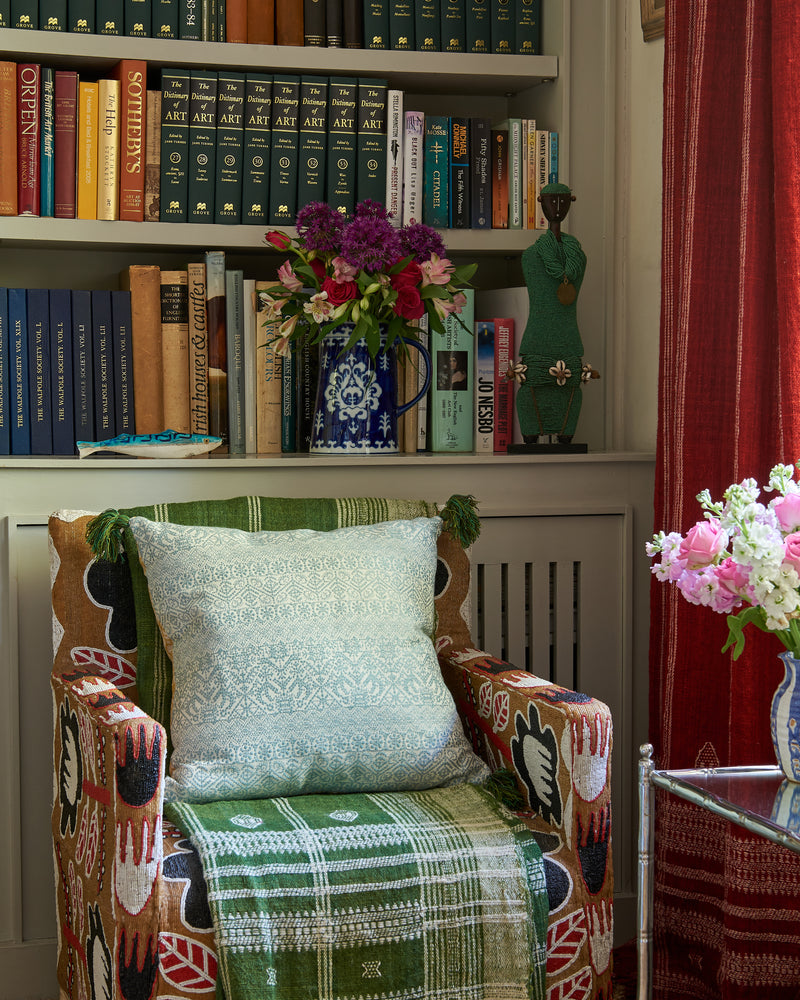 Buriam Light Blue and Ashok Yellow Cushion with Green Tassels