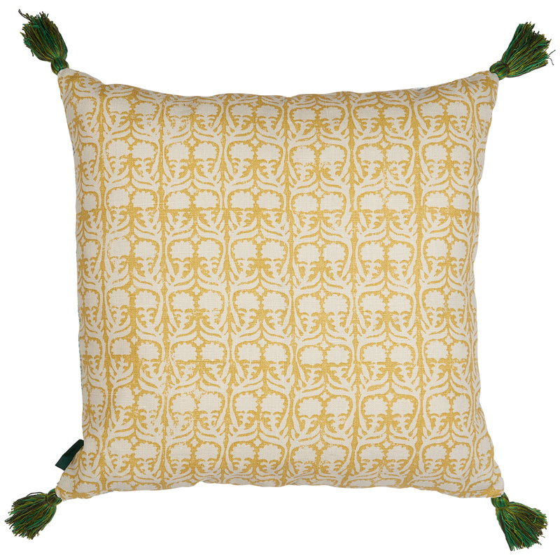 Buriam Light Blue and Ashok Yellow Cushion with Green Tassels