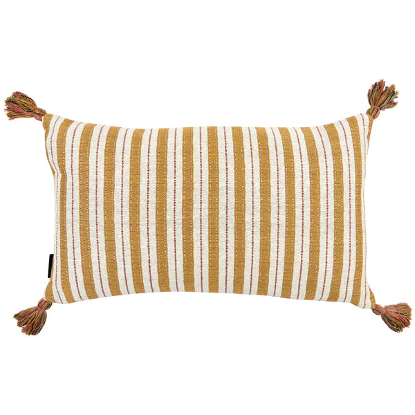 Pink Petal and Sketched Stripe Gold Cushion with Pink and Yellow Tassels