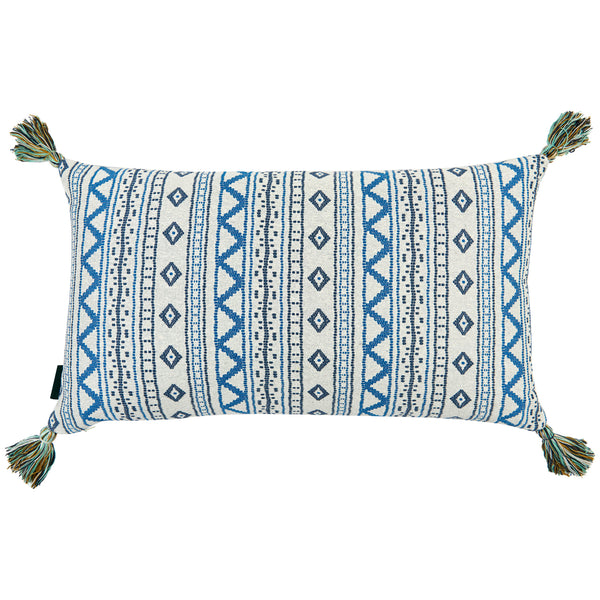 Killi Blue and Andean Vertical Stripe Blue Cushion with Blue and Green Tassels