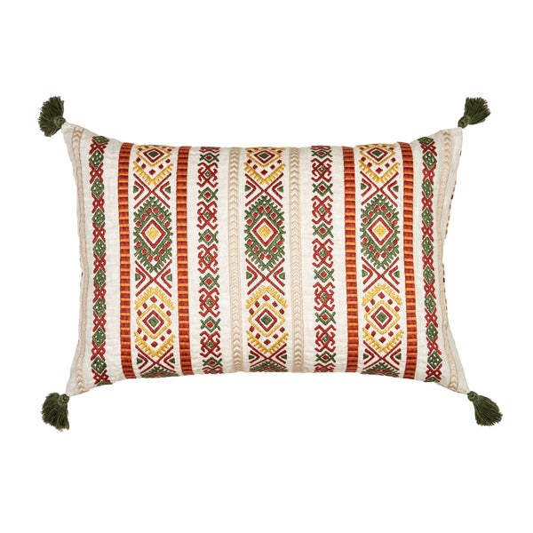 Charu Embroidered Rectangle Cushion with Green Tassels