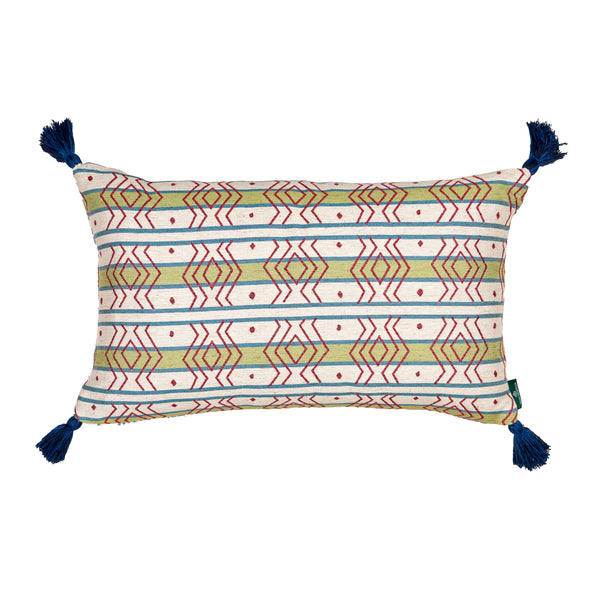 Azteca Stripe Leaf and Ashok Petrol Cushion with Blue Tassels