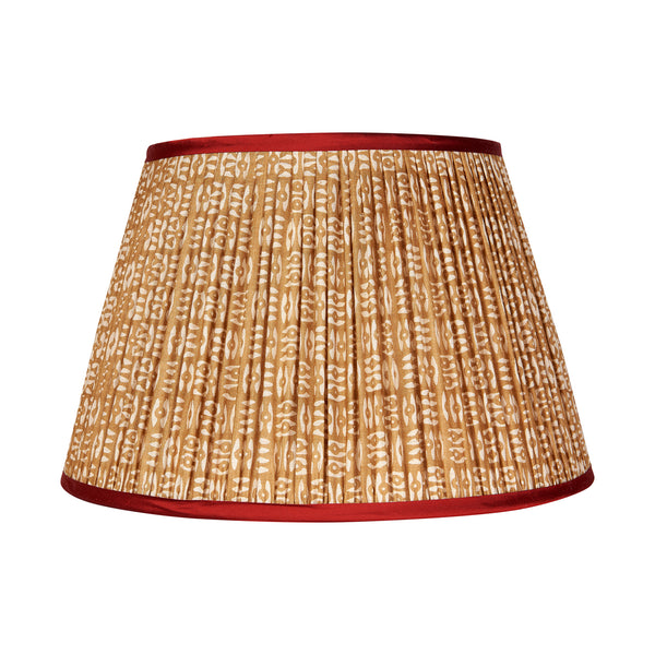 White on Cinnamon Tribal Pleated Silk Lampshade with Red Trim