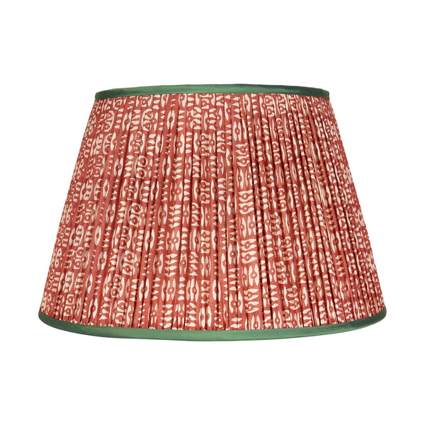 White on Red Tribal Pleated Silk Lampshade with Green Trim