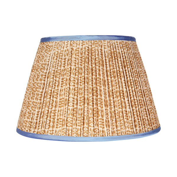 Cinnamon on White Tribal Pleated Silk Lampshade with Blue Trim