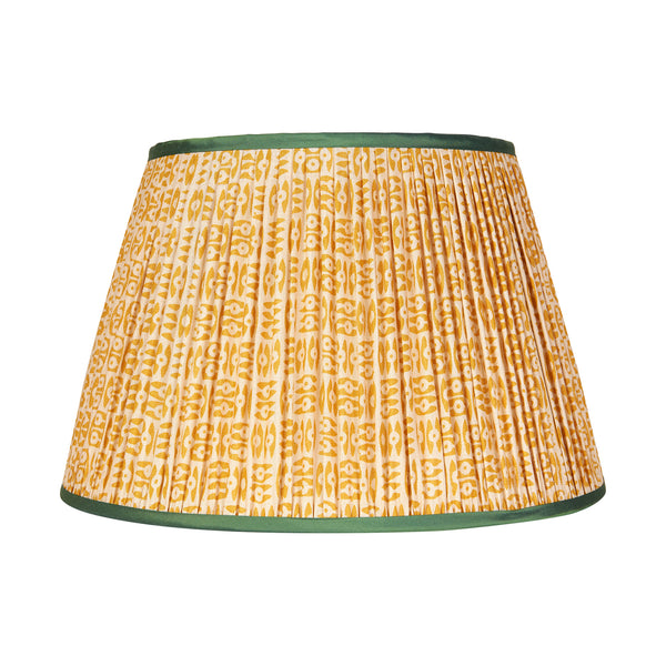 Yellow on White Tribal Pleated Silk Lampshade with Green Trim