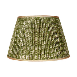 White on Green Tribal Pleated Silk Lampshade with Gold Trim