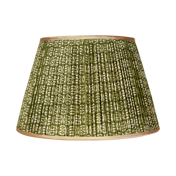 White on Green Tribal Pleated Silk Lampshade with Gold Trim