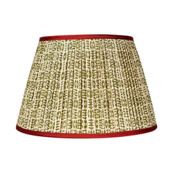 Green on White Tribal Pleated Silk Lampshade with Red Trim