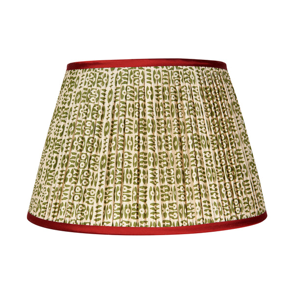 Green on White Tribal Pleated Silk Lampshade with Red Trim