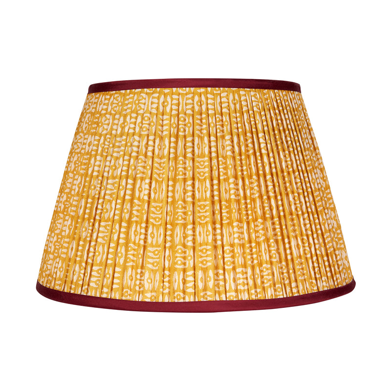 White on Yellow Tribal Pleated Silk Lampshade with Burgundy Trim