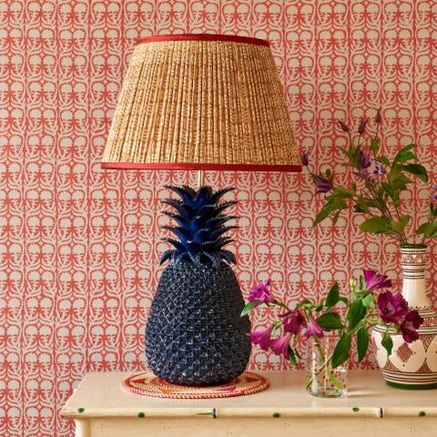 White on Cinnamon Tribal Pleated Silk Lampshade with Red Trim