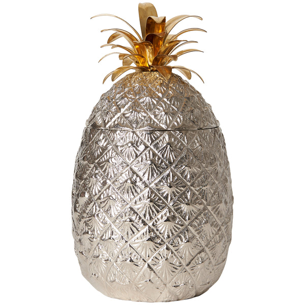 Large Silver-Plated Pineapple Ice Bucket with Brass Leaves