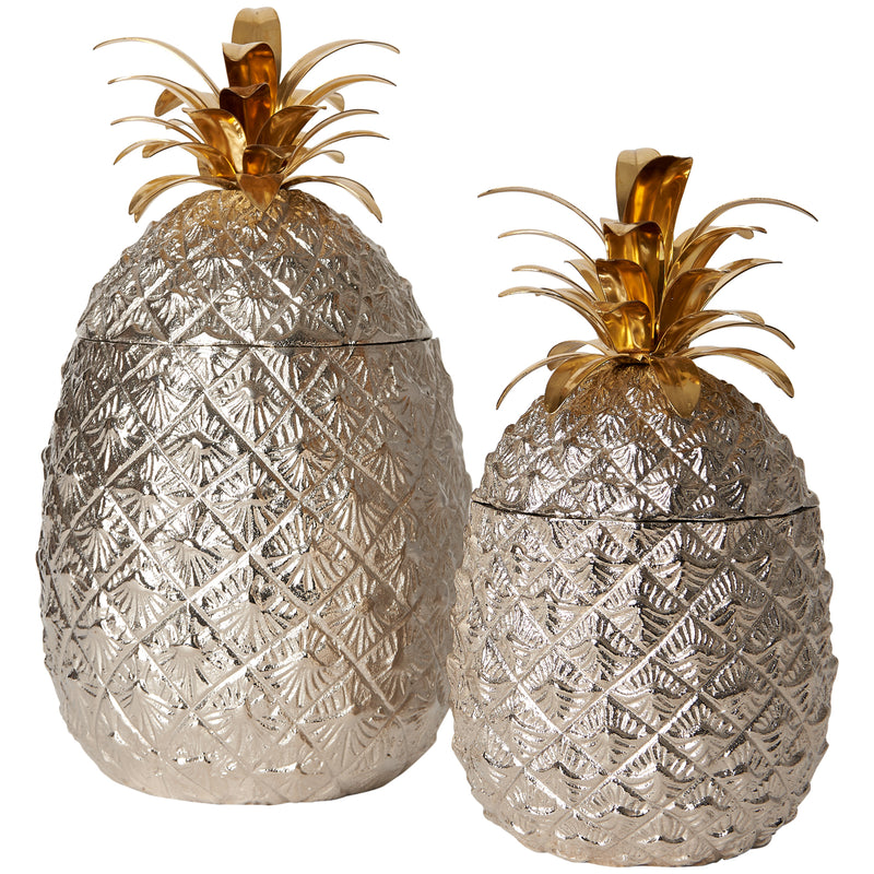 Large Silver-Plated Pineapple Ice Bucket with Brass Leaves