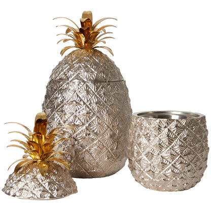 Small Silver-Plated Pineapple Ice Bucket with Brass Leaves