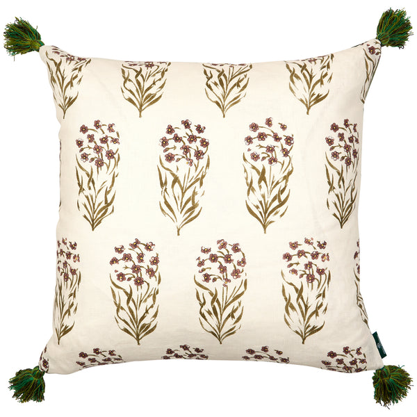Kalindi Green Sienna and Meknes Stripe Pine Ivy Cushion with Green Tassels