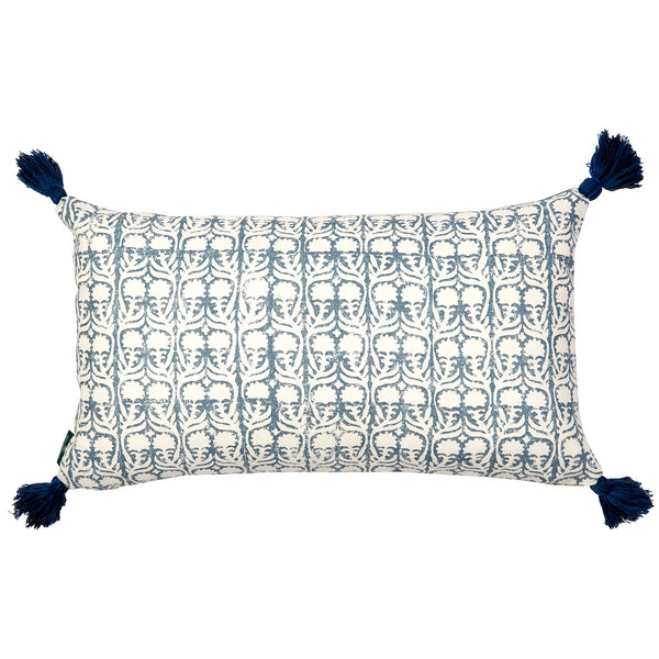 Azteca Stripe Leaf and Ashok Petrol Cushion with Blue Tassels