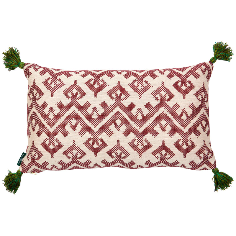 Chennai Weave Wine and Hemant Red Pink Cushion with Green Tassels