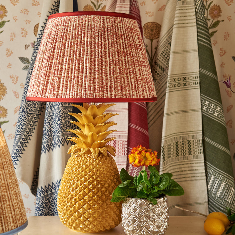 Red on White Tribal Pleated Silk Lampshade with Red Trim