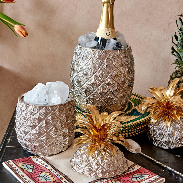 Small Silver-Plated Pineapple Ice Bucket with Brass Leaves