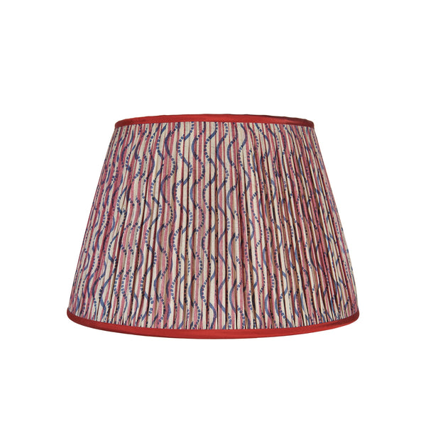8" Red and Blue Stripe and Squiggle Pleated Silk Lamp Shade with Red Trim