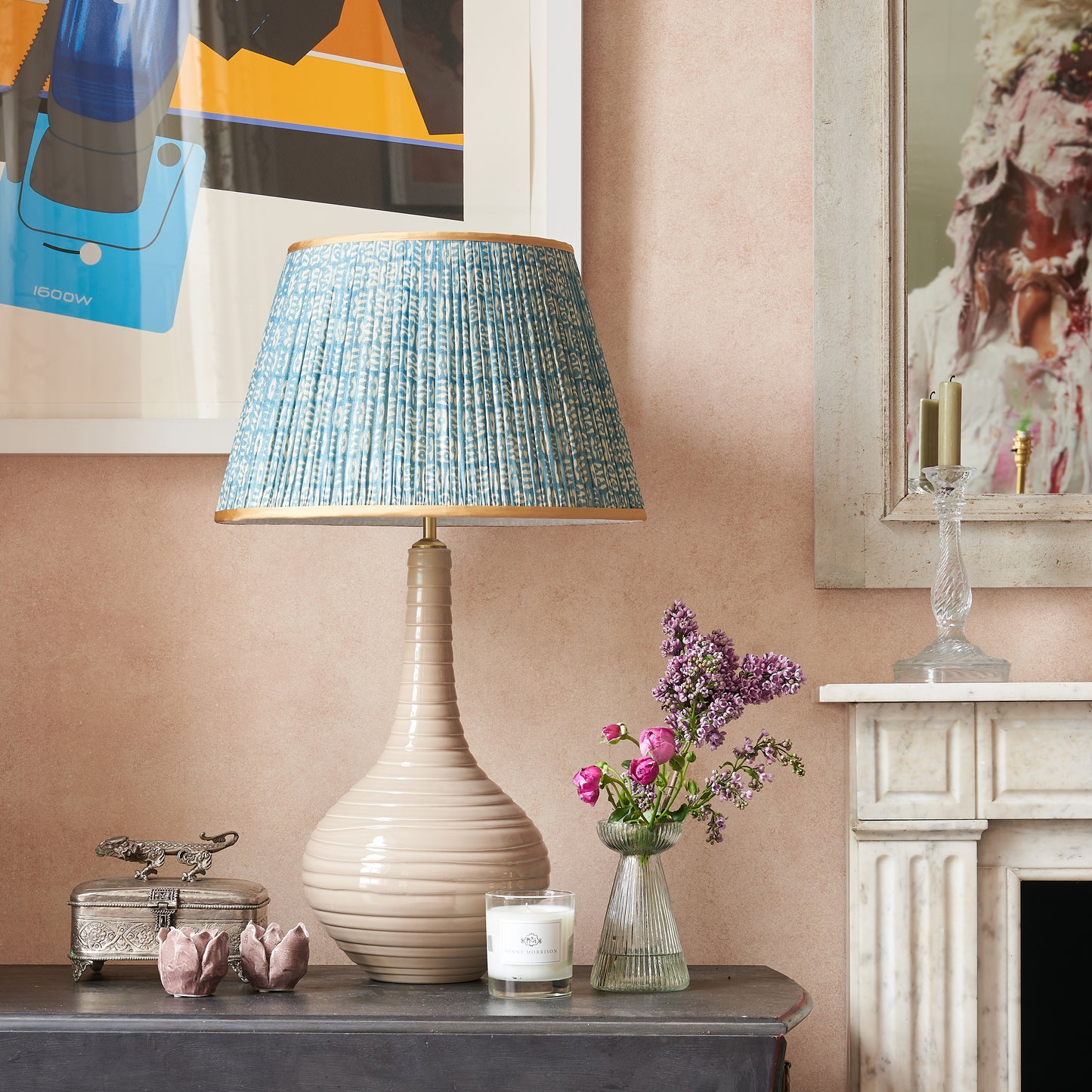 White on Blue Tribal Pleated Silk Lampshade with Gold Trim