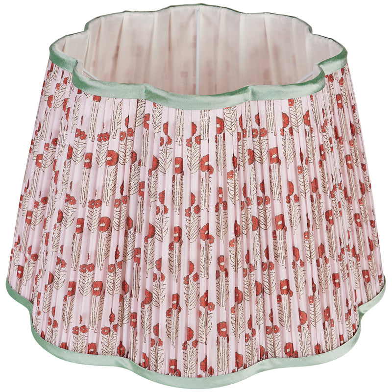 Red on Pink Marigold Pleated Silk Scalloped Lampshade with Mint Trim