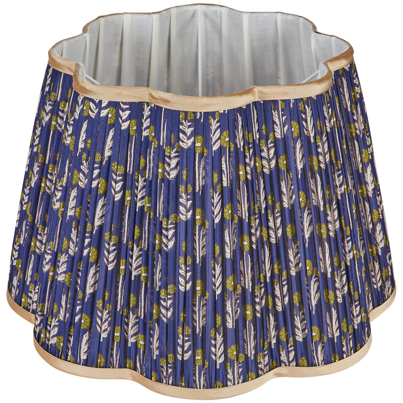 Green on Blue Marigold Pleated Silk Scalloped Lampshade with Gold Trim