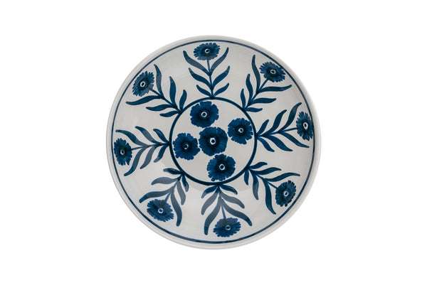 Penny-Morrison-Blue-Summer-Flower-Ceramic-Shallow-Bowl-Unique-Hand-Painted-Glazed-floral-flower-spring-pretty-quirky-individual-serving-bowl-flat