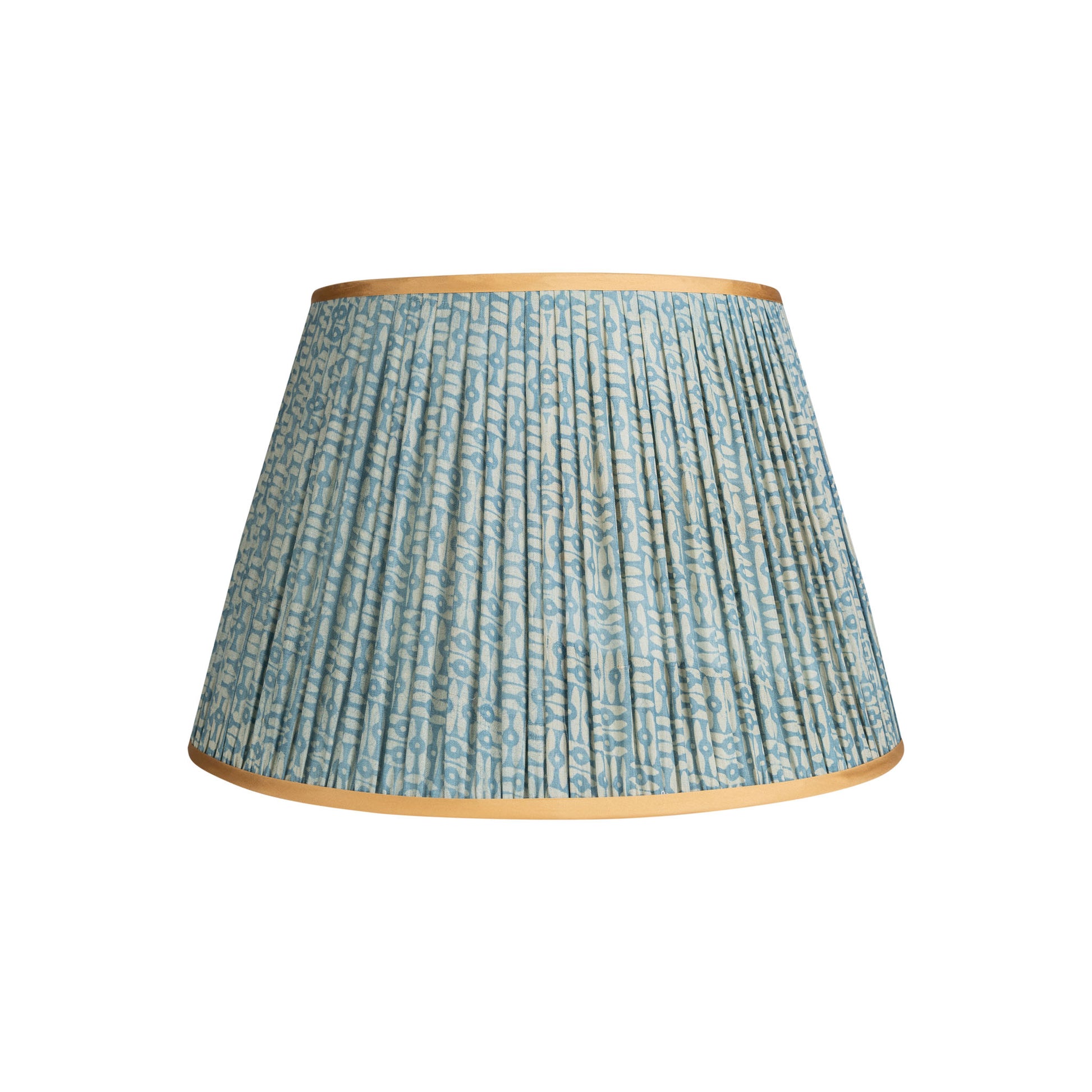 Penny-Morrison-Blue-and-White-Patterned-Pleated-Silk-Lampshade-with-Golden-Trim-Straight-Empire-Pleated-Gathered-Unique-Stylish-Colourful-Quirky-Floral-Patterned