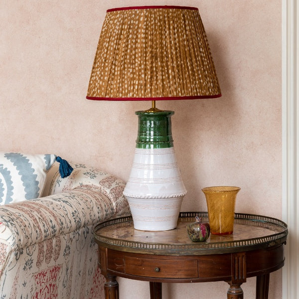 Penny-Morrison-Brown-and-White-Spotted-Pleated-SIlk-Lampshade-with-Pink-Trim-Straight-Empire-Pleated-Gathered-Unique-Stylish-Colourful-Quirky-Spotted-Patterned