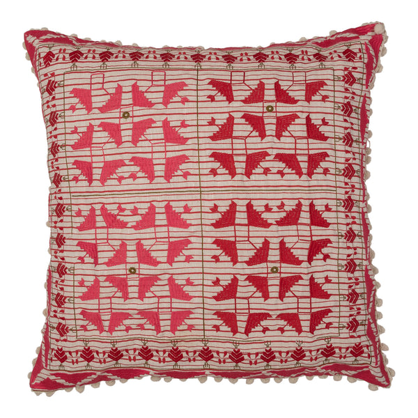 Penny-Morrison-Red-Embroidered-Square-Cushion-with-White-Poms-Poms-Quirky-Unique-Whimsical-Bohemian