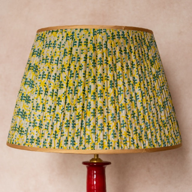 Penny-Morrison-Yellow-and-Green-Leaf-Pleated-Silk-Lampshade-with-Golden-Trim-Straight-Empire-Pleated-Gathered-Unique-Stylish-Colourful-Quirky-Yellow-Green-Floral
