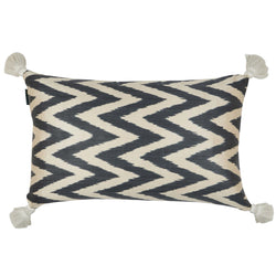 Limited Edition Charcoal and White Zig Zag Silk Cushion with Natural Linen Reverse and White Tassels