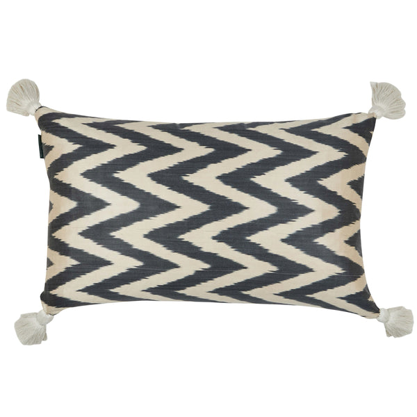 Limited Edition Charcoal and White Zig Zag Silk Cushion with Natural Linen Reverse and White Tassels