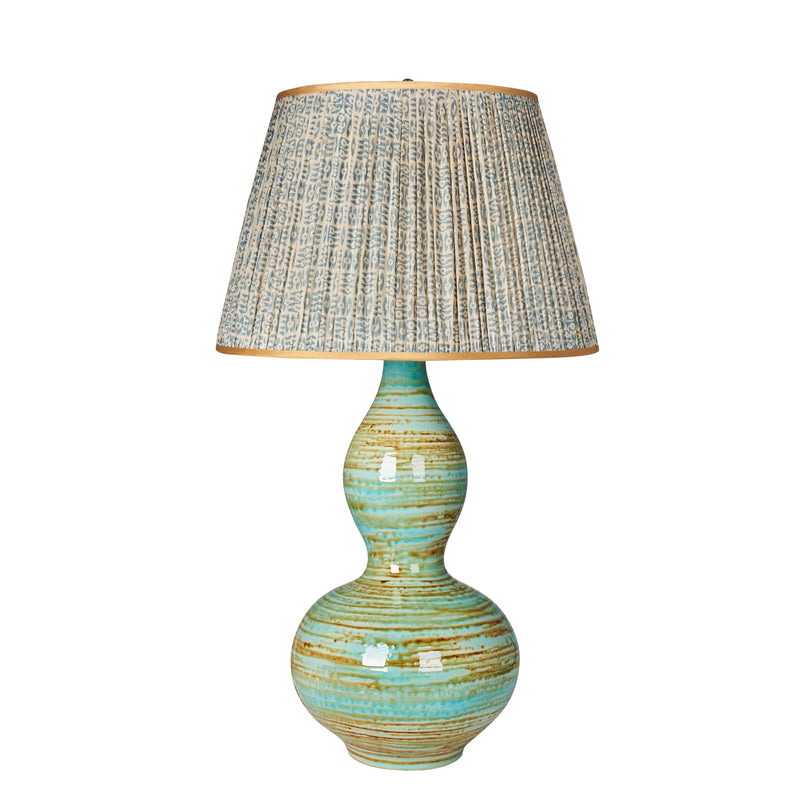 Blue on White Tribal Pleated Silk Lampshade with Gold Trim