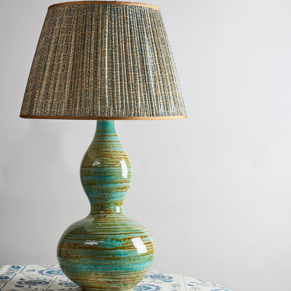 Blue on White Tribal Pleated Silk Lampshade with Gold Trim