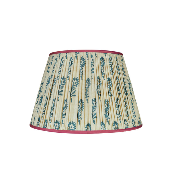 Blue Flower on Cream Pleated Silk Lampshade with Pink Trim