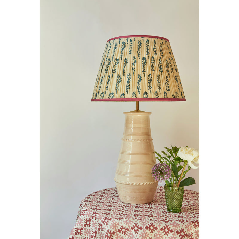 Blue Flower on Cream Pleated Silk Lampshade with Pink Trim